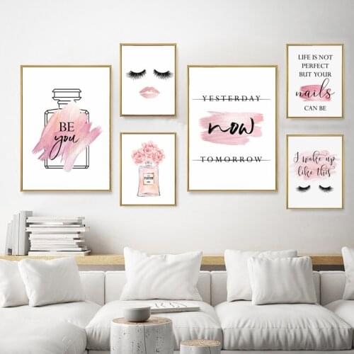 Hello Gorgeous Print Lash Out Sign Perfume Bottle Lips Make Up Fashion Modern Wall Art Watercolor Rose Print Girls Bedroom Decor