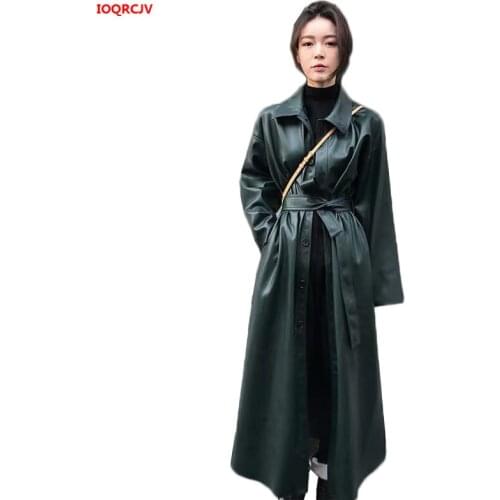 Faux Leather PU Coat Long Trench Coat For Women Windbreaker Autumn Black Single Breasted Belt Cool PU Leather Long Jacket 1499