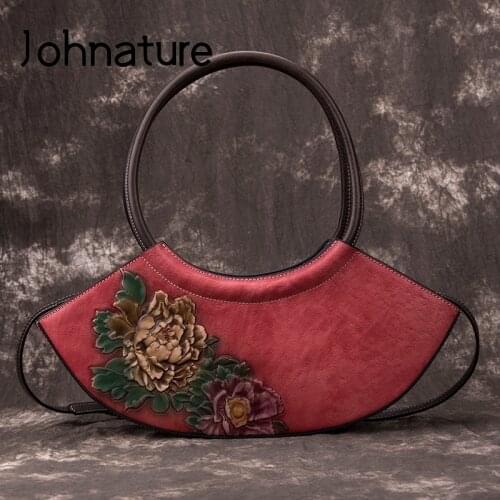 Johnature Retro Handmade Embossing Cow Leather Women Bag 2021 New Casual First Layer Cowhide Handbag Floral Shoulder Bags