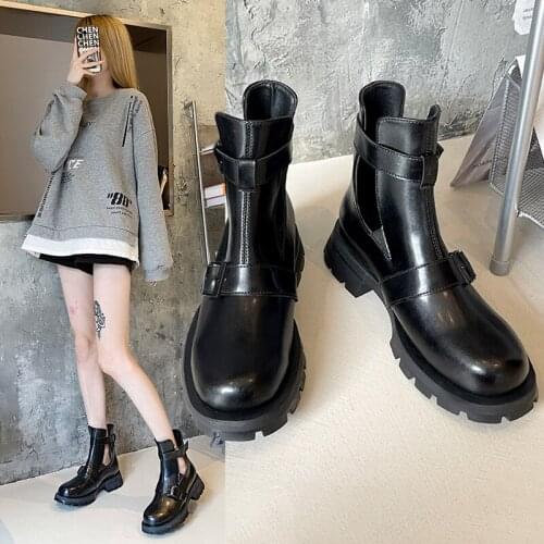 Womens Ankle Boots Retro Solid Color Round Toe Thick-soled Thick-heeled Boots