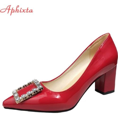 Aphixta 2021 New 7cm Square Heels Pumps Women Shoes Crystals Buckle Luxury Design Wedding Party Official Leisure Big Szie 50