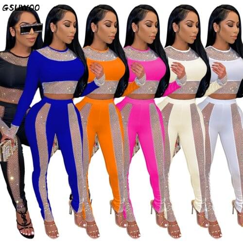 Gsuwoo Sexy Womens Long Sleeve T-shirt Pants Two Pieces Sets Sequins Patchwork Crop Top and Pencil Pants Outfits Clothes S-XXL