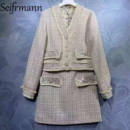 Seifrmann New 2021 Autumn Women Fashion Designer Skirts Sets Lantern Sleeve Tweed Weave Jacket + High Waist Mini Skirts Suits