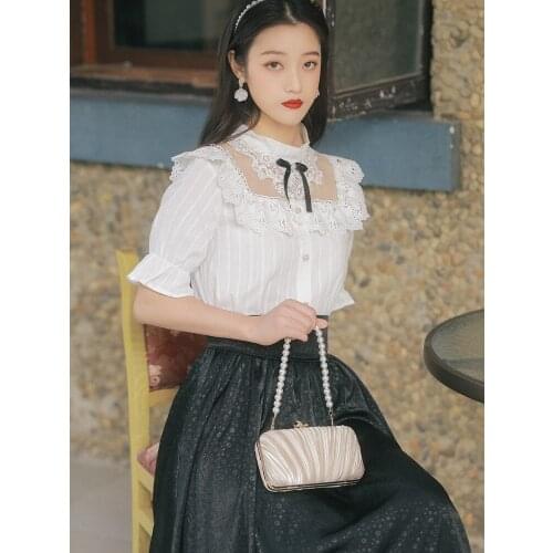 2021 vintage college style suit French style lace top shirt romantic large swing skirt two-piece suit women retro daily suit
