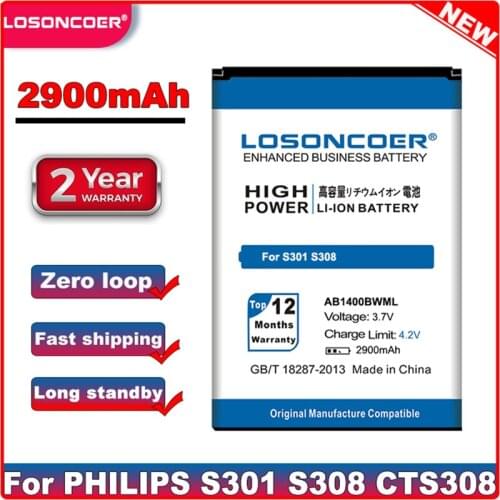 LOSONCOER AB1400BWML Battery 2900mAh for PHILIPS S301 S308 CTS308 Cellphone Batteries