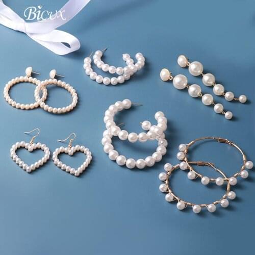 BICUX Big Simulated Pearl Earrings 2019 For Women Lover Geometric Gold Round Heart Drop Dangle Earring Korean Statement Jewelry