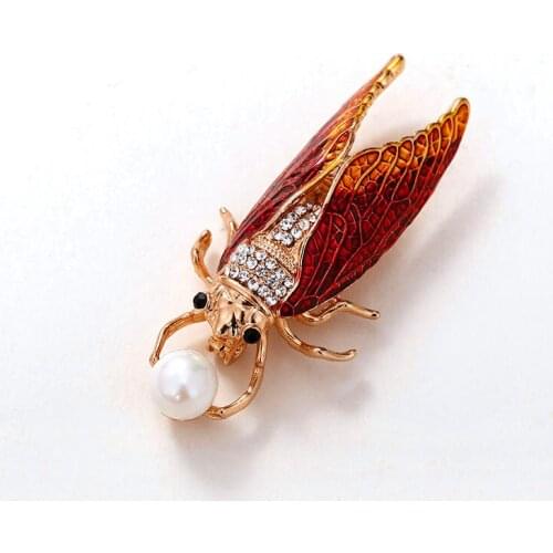 Big Pearl Vintage Cute Crystal Cicada Brooches Yellow Green Blue Color Alloy Rhinestone Enamal Animal Brooch Lady Party Pins