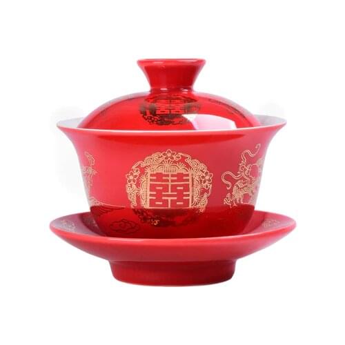 Jingdezhen Wedding Tea Set Ceramic Color Glaze Tea Tureen Bowl Chinese KungFu Gaiwan Tea Cup Bowl Newcomer Wedding Gift Teaware