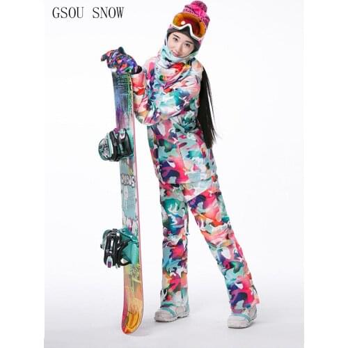 GSOU SNOW Brand Ski Suits Womens Ski Jacket+ski Pants Camouflage Sets Winter Outdoor Waterproof Windproof Keep warm Snow jacket
