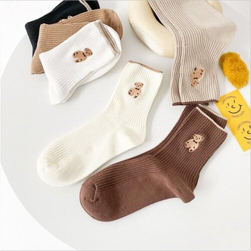 Summer Thin Tube Socks Female Japanese Harajuku Ins Trend Cute Bear Embroidery Cotton Socks Breathable Student Long Socks