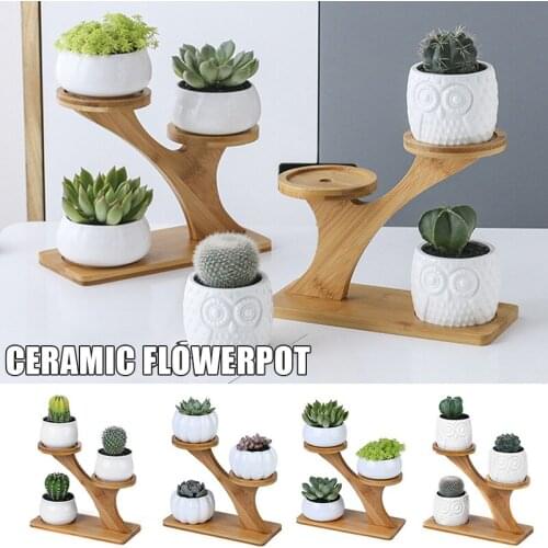 Multiple Flower Pot Holder 3 Tier 3 Potted Plant Stand Rack Bamboo for Indoor Outdoor Combination Ceramic Flowerpots C1