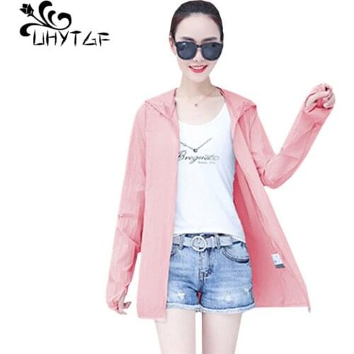 UHYTGF Fashion women summer jacket long sleeve hooded thin sun protection clothing Anti-UV breathable casual plus size tops 1670