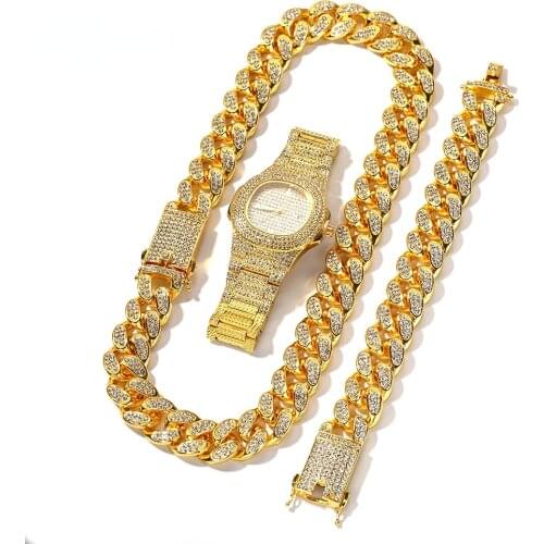 Diamond Watch 20mm Gold-plated Necklace Bracelet Mens Hip-hop Jewelry Set