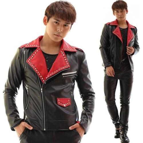 Rivets blazer men latest oblique zipper coat designs men suit costume mens motorcycle leather jackets stage singer black red