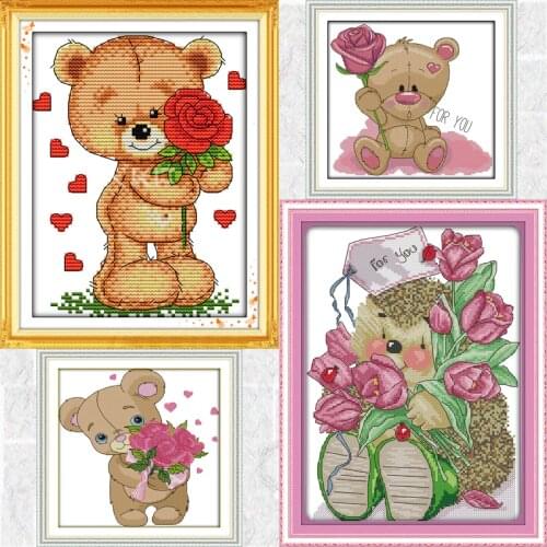 Joy Sunday the Little Bear Sending Flower Series Canvas DMC Counted Chinese Cross Stitch Kits Printed Embroidery set Needlework