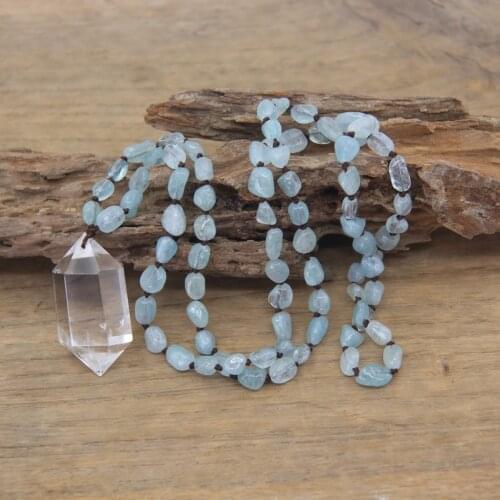 Natural Aquamarines Nugget Chip Beads Handmade Knotted Yoga Necklace Quartz Double Point Pendants Mala Jewelry Wholesales,QC0128