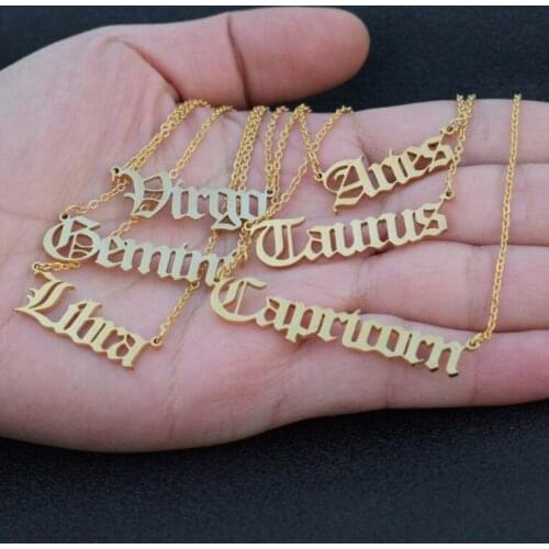 Jisensp Constellation Zodiac Necklaces Fashion Jewelry for Women Gothic Vintage Designed Letter Old English Letter Necklace