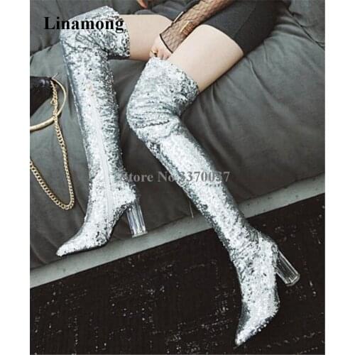 Newest Women Pointed Toe Bling Bling Sequined Over Knee Clear Transparent Chunky Heel Boots Blue Silver Long Crystal Heel Boots