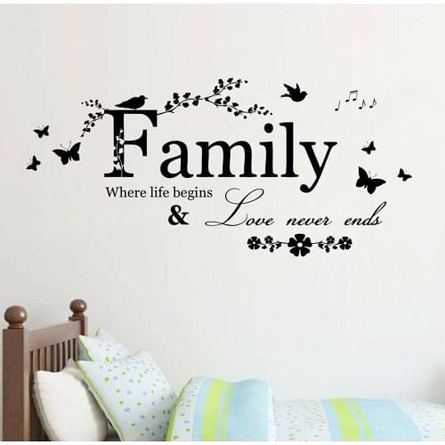 Family Quotes Wall Sticker Love Never Ends Vinyl Wall Decals Butterfly Flowers Birds Lettering Mural Living Room Home Decor M693