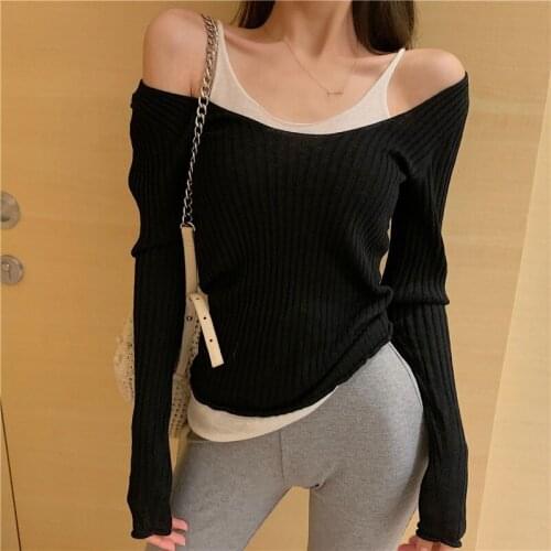 Sexy Women Autumn Slash Neck Sweater Backless Off Shoulder Long Sleeve Knit Top Casual Fake Two Piece Pullover Knitwear Sweaters