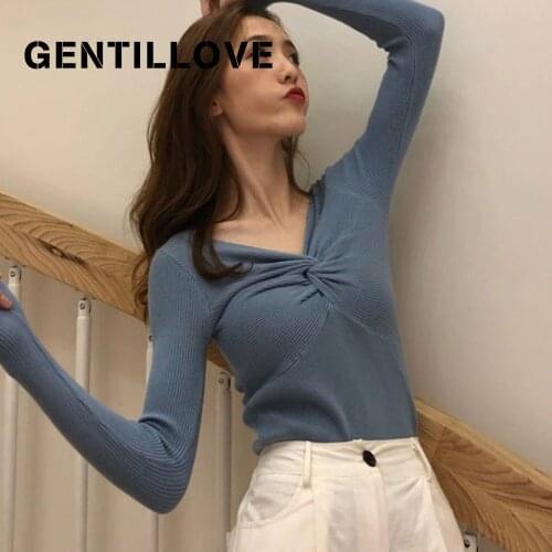 Vintage Pullover Women Knitted Sweater Autumn Solid V Neck Chic Slim Long Sleeve Elastic Top Fashion Ribbed Retro Streetwear