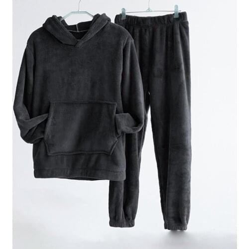 Women Winter warm pajamas set Fleece Hooded Thick Sweatshirt Solid Color Sleepwear Suit Sweatshirt Warm Homewear For Female