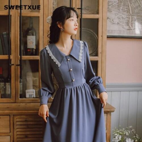 SWEETXUE Preppy Style 2021 Women Spring Fall Long Sleeve Peter Pan Collar Dresses Female Hot-Selling