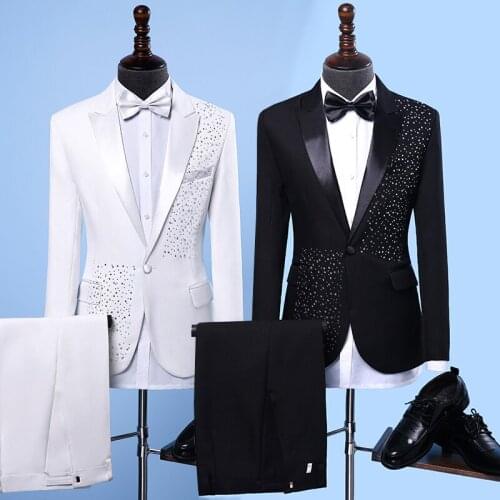 Gentelman wedding dress groom sets Male Formal musical performance costume Bar Party Host show stage wear Crystals slim Blazers
