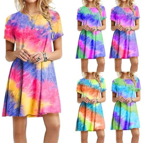 Fashion Rainbow Tie Dye Casual Women Dress Summer 2020 New Female Short Sleeve O-Neck Loose A-line Dress Plus Size 3XL Vestidos