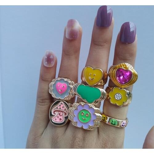 Mushroom Smile Ring Enamel Thick Ring Luxury Spring Fine Lucky Jewelry Heart Flower Queen Alien Clouds Rings for Women Gift