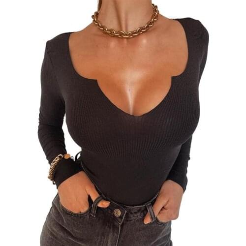 2021 Woman Summer Autumn Sexy Solid Color Knitted V-neck Long Sleeves Bodysuit Female Romper High Waist Jumpsuit for Party Daily