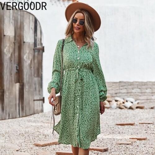 Flroal Print Midi Dresses for Women 2021 Autumn Long Sleeve Bandage Dress Elegant Office Lady Sling Button Vintage Dress Robe