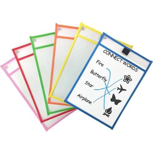 6pcs Resuable Dry Erase Pockets Assorted Colors Stationery Supplies for Office School Educational Supplies Filing Products