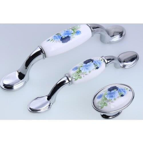 76mm 96mm modern fashion rural white and blue porcelain kitchen cabinet cupboard door handles silver chrome drawer cabinet knobs