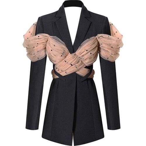 SeeBeautiful Mesh Bandage Bow-knot Loose Blazer Coat Notched Long Sleeve Back Hollow Out New Fashion 2021 Spring Women M788