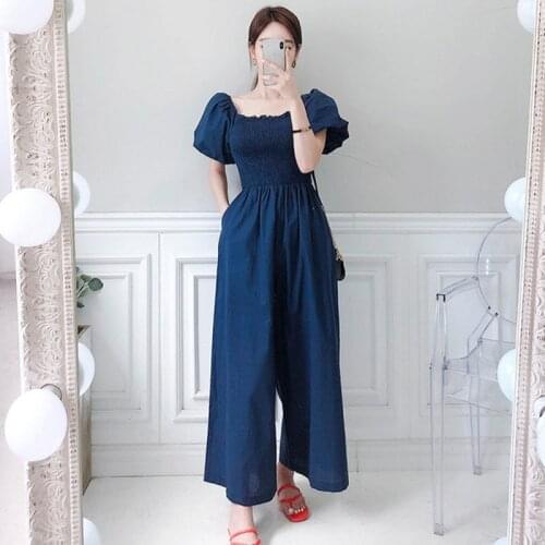 Elegant Women Party Romper Jumpsuits Runway Designer Summer Puff Sleeve Blue Female Work elastic Bust square collar Jumpsuits