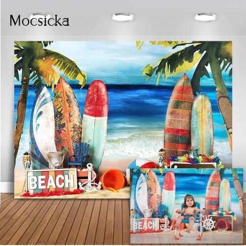 Newborn Kids Portrait Backdrop for Photography Sandy Beach Photo Background Blue sky and Sea Backdrop Surfboard Party Balloons