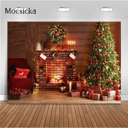 Photography backdrop retro brick fireplace background for photo studio Christmas tree glitter light gifts photocall Christmas