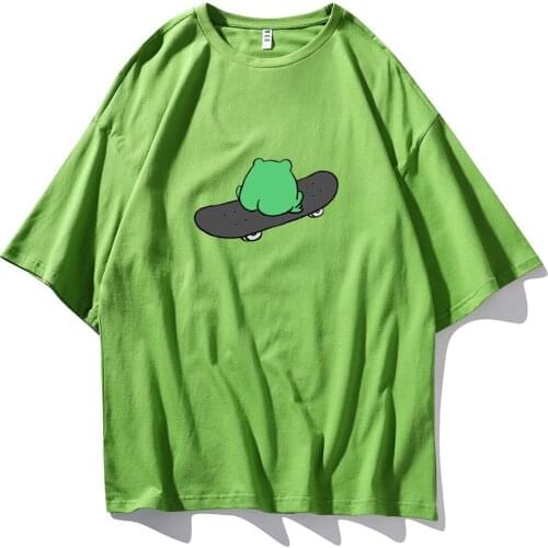 Kawaii Frog on Skateboard Tshirts Cotton Women Casual T-shirt Aesthetic Harajuku Men O-neck Half Sleeves Summer Unisex Clothing