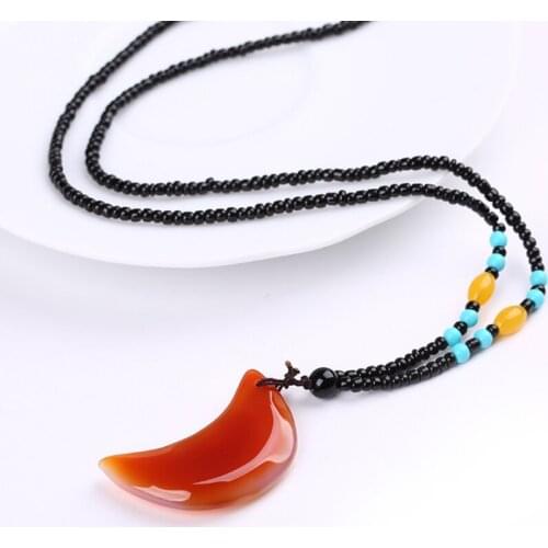 FYJS Unique Handmade Weave Crescent Moon Red Agates Pendant With Chain Necklace Guardian Jewelry