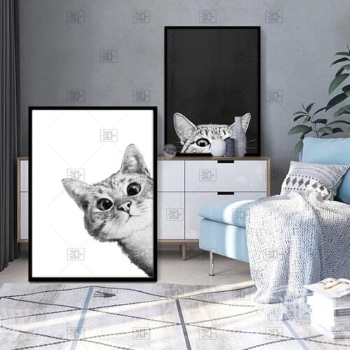 Canvas Prints Painting Nordic Style Lovely Black White Cats Posters Wall Art Animals Modular Pictures For Living Room Home Decor