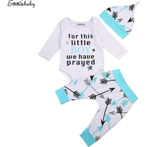 Emmababy Toddler Baby Boys Letter Long Sleeve Bodysuit Jumpsuit +Long Pants +Hat 3pcs Outfits Clothes Set