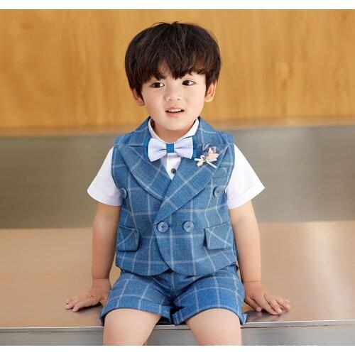 Boys 1 Birthday Gift Photograph Suit T Shirt +Vest +Shorts+Tie 4PCS Clothing Set Kindergarten Kids Dres Children Chorus Costume