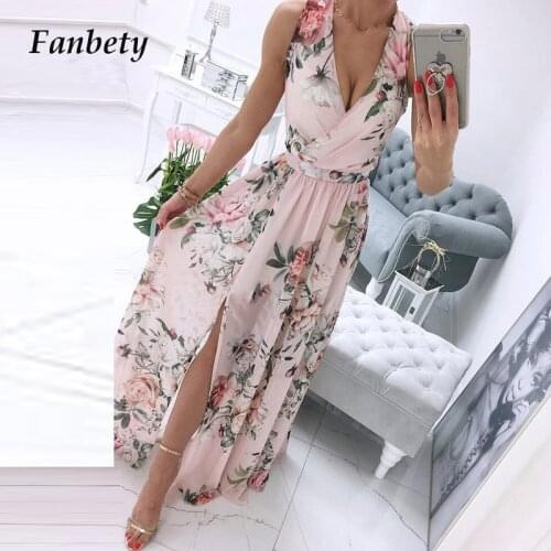 Summer Floral Print Chiffon Long Dress Women Sexy Deep V-neck Split Party Dress 2021 Elegant Sleeveless Maxi Beach Dress Vestido