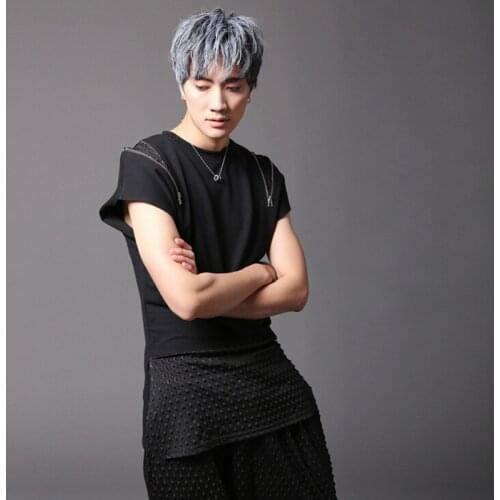 Men shoulder zipper punk hip hop t shirt nightclub stage costume mens casual patchwork streetwear side split long tees tops