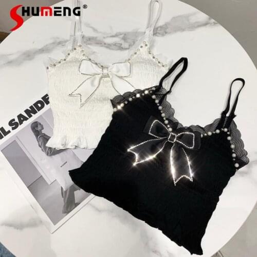2021 Summer New Rhinestone Bow Pleated Waist Chest Pad Strap Tube Top Womens Sexy Camisole Sling Tops
