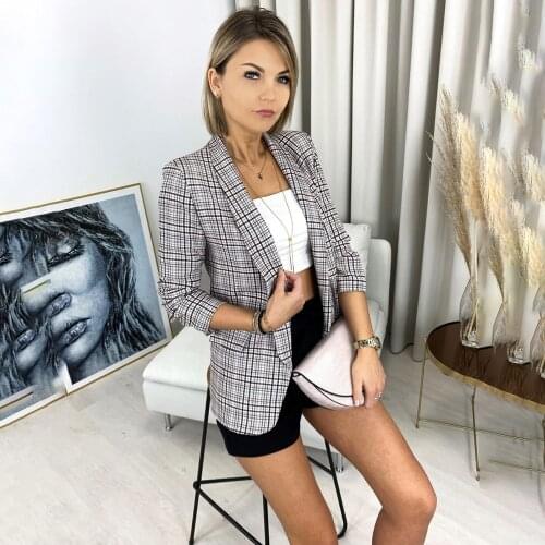 Autumn Vintage Plaid Slim Suit Jacket Female Casual Pockets Long Sleeve No Buttons Cardigan Lapel Women Coat 2021 Blazer Mujer