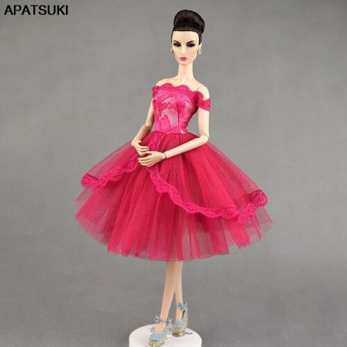 Hot Pink Doll Dress for Barbie Doll Clothes for 1/6 Doll Lace One-Piece Outfits 1:6 BJD Doll Evening Party Clothing DIY Toys