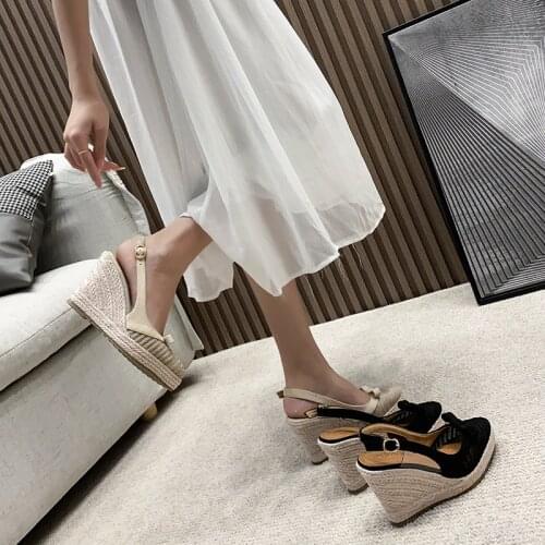 ZUZI High Heel Wedge Shoes 2021 Newest Breathable Women Sandals Female Pointed Toe Slippers High-heeled Espadrilles Straw