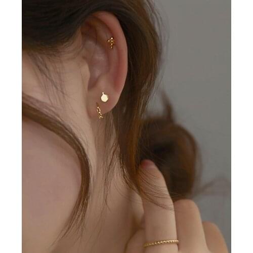 925 sterling silver earring fashion Cross Triangle Square Stud Earring Chain earring Cute Small Personality Woman Girl Ear Jewel